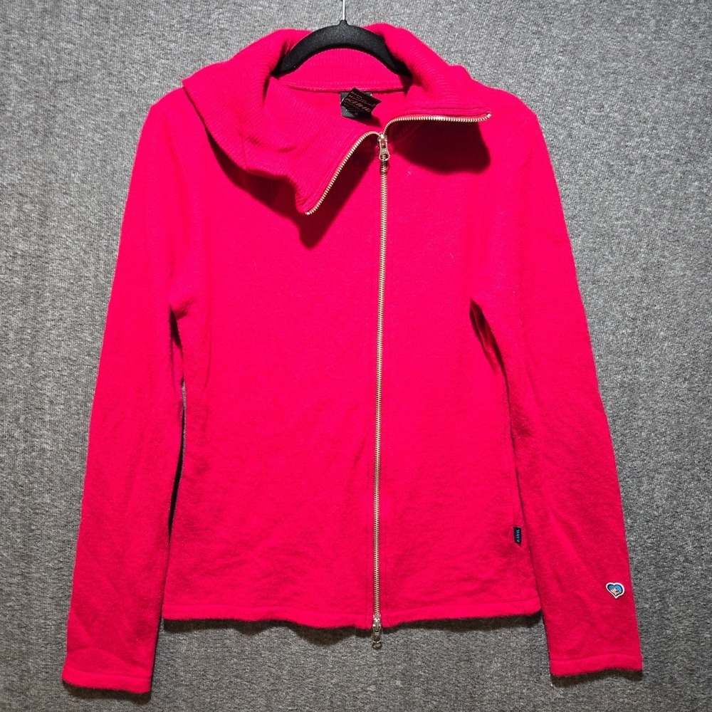 KUHL Sweater Womens Medium Red Merino Wool Asymmetrical Collar Full Zip Hiking